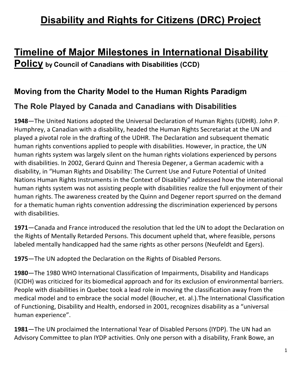Timeline of Major Milestones in International Disability Policy by Council of Canadians with Disabilities (CCD)