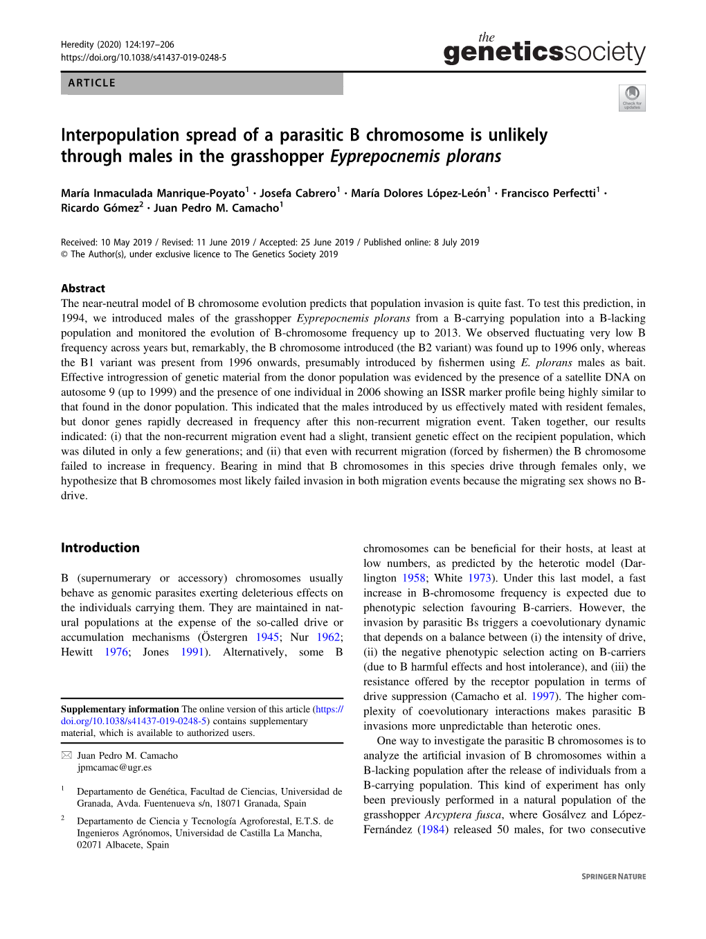 Interpopulation Spread of a Parasitic B Chromosome Is Unlikely Through Males in the Grasshopper Eyprepocnemis Plorans