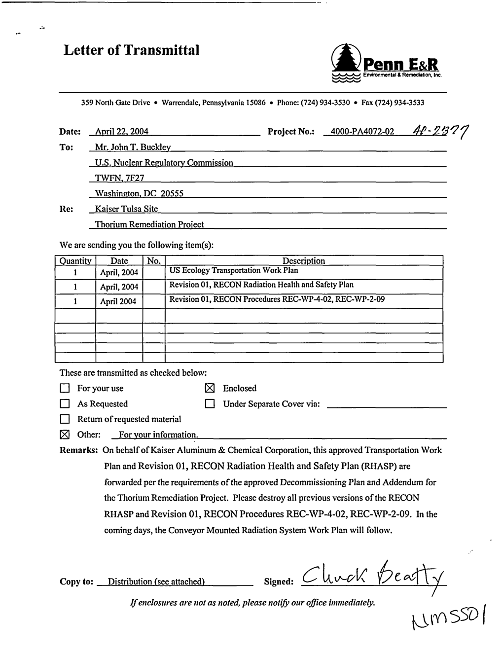 Transmittal of US Ecology Transportation Work Plan, RECON