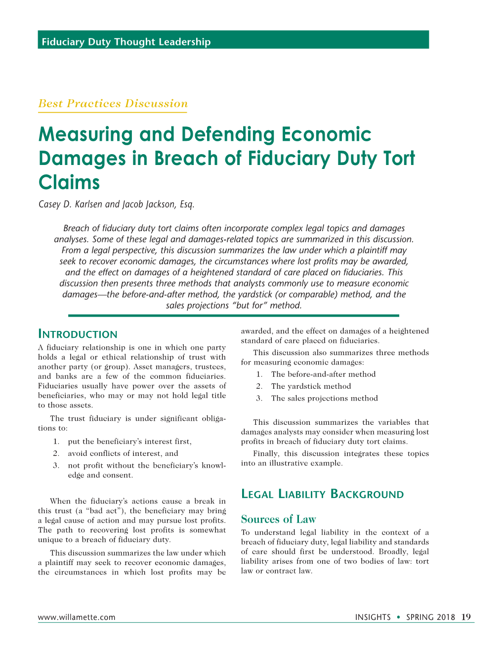 Measuring and Defending Economic Damages in Breach of Fiduciary Duty Tort Claims Casey D