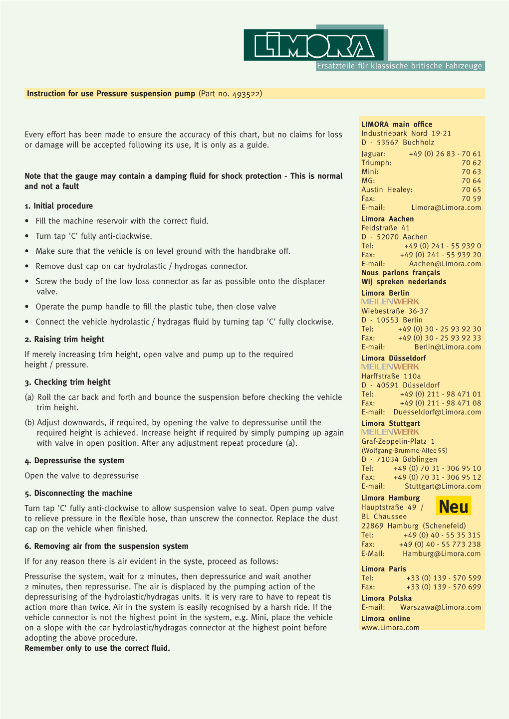 Instruction for Use Pressure Suspension Pump (Part No