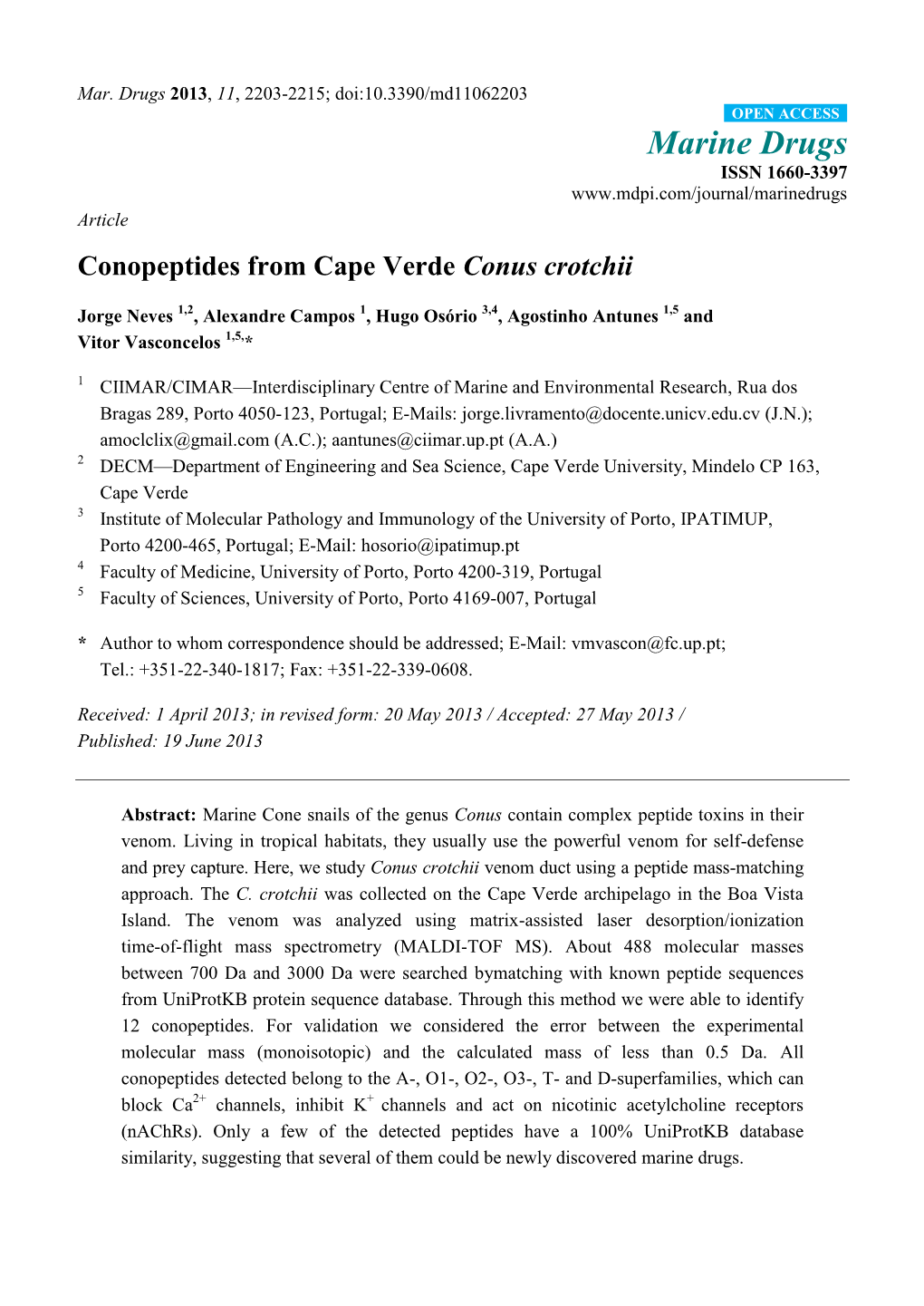 Conopeptides from Cape Verde Conus Crotchii