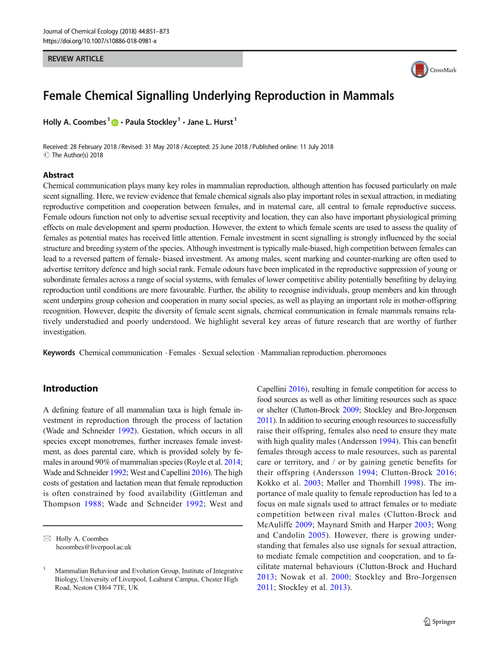 Female Chemical Signalling Underlying Reproduction in Mammals