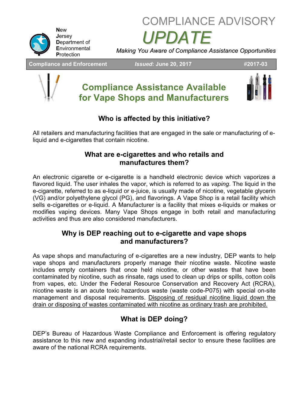 Compliance Assistance Available for Vape Shops and Manufacturers