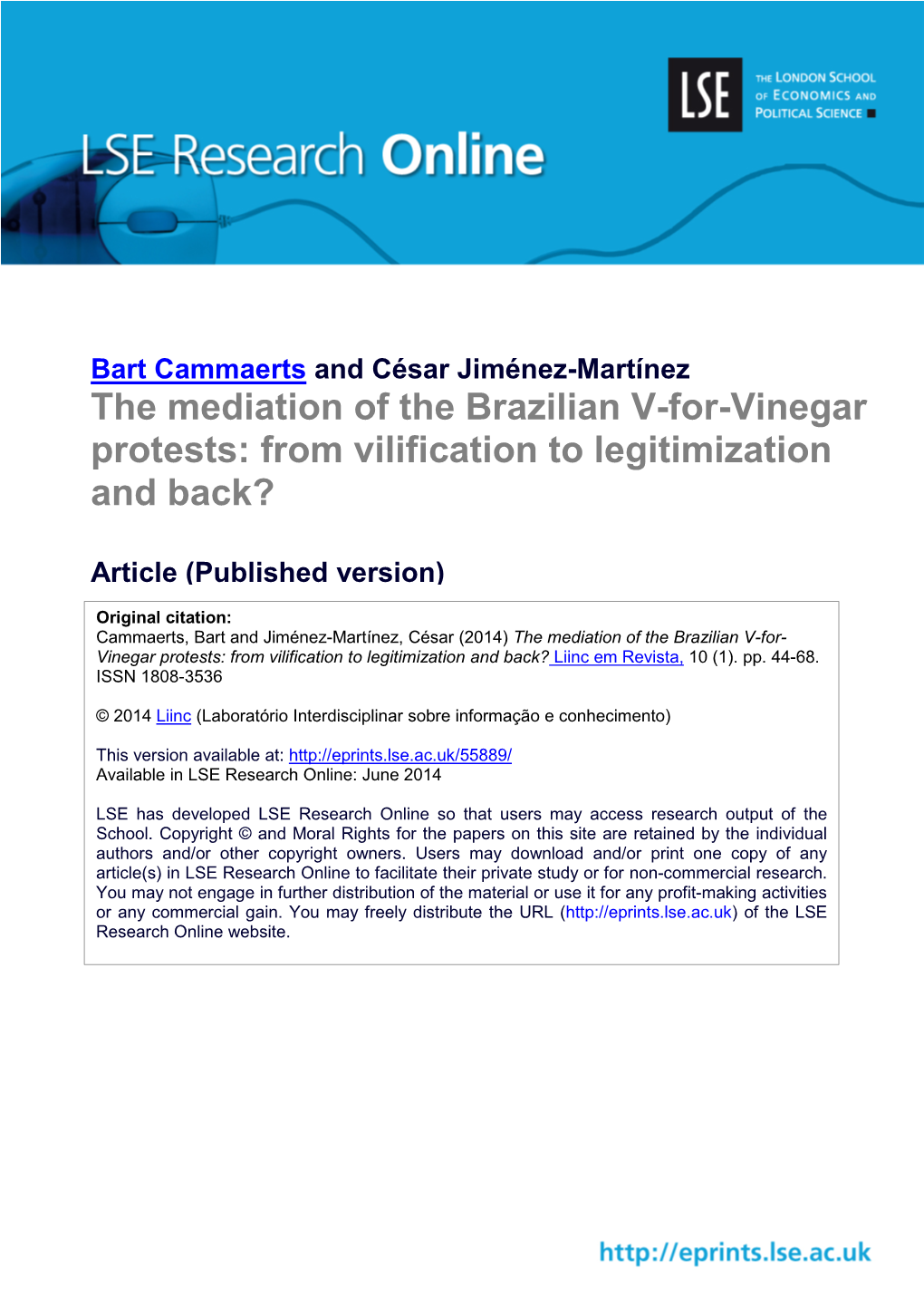 The Mediation of the Brazilian V-For-Vinegar Protests: from Vilification to Legitimization and Back?