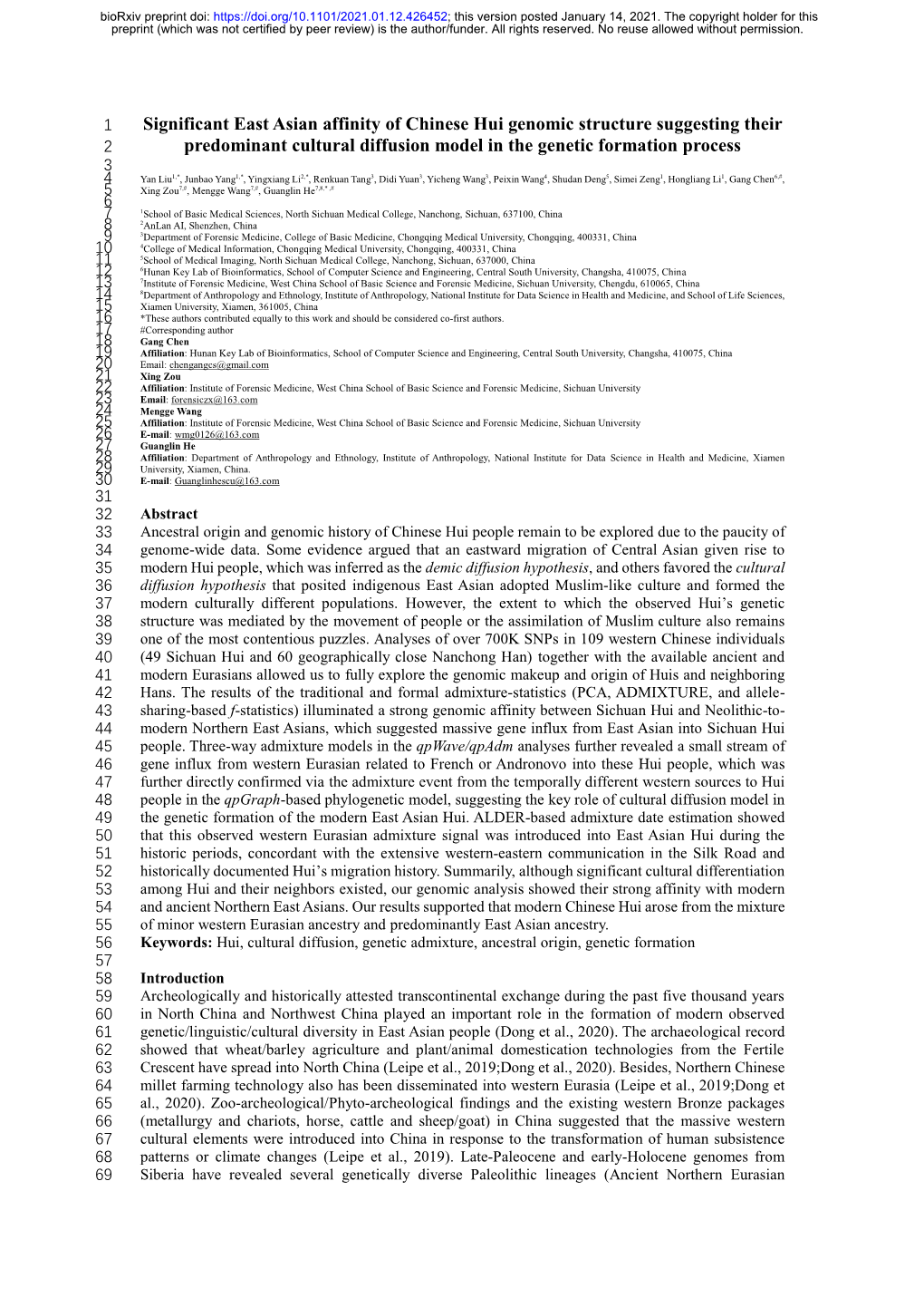 Significant East Asian Affinity of Chinese Hui Genomic Structure