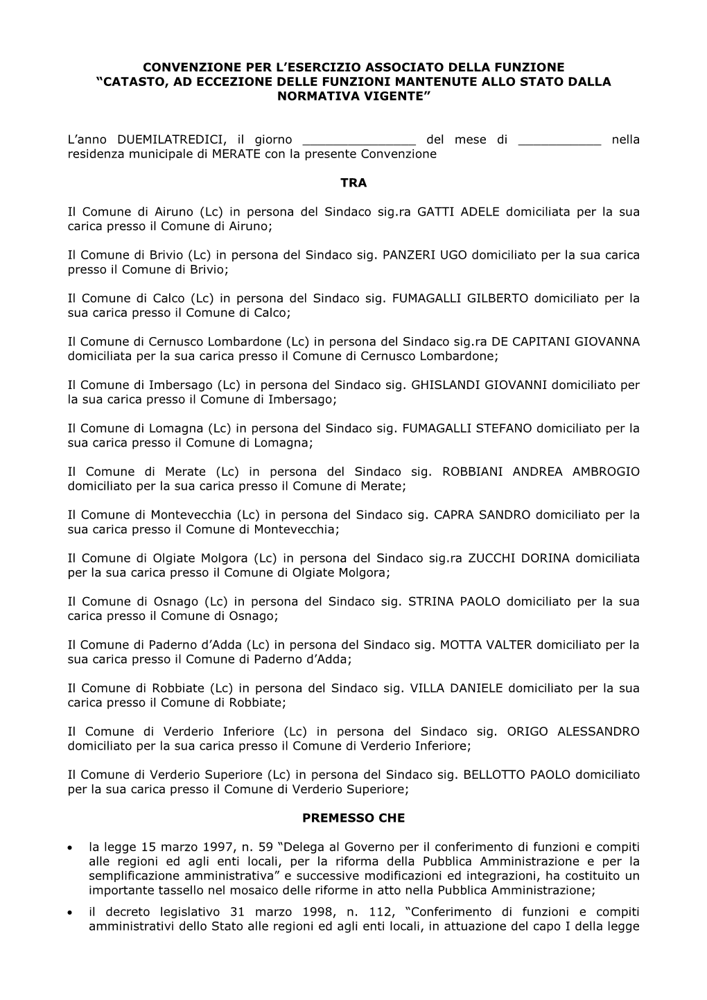 Accordo Di Programma Per Il Coordinamento Intercomunale Dei Servizi Di Gestione Dello Sportello Catastale