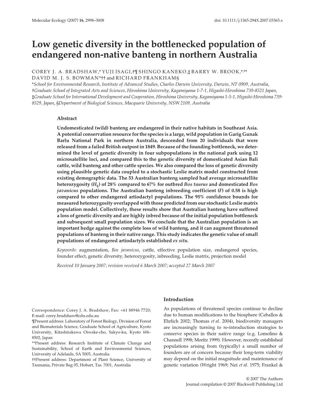 Low Genetic Diversity in the Bottlenecked Population of Endangered Non-Native Banteng in Northern Australia