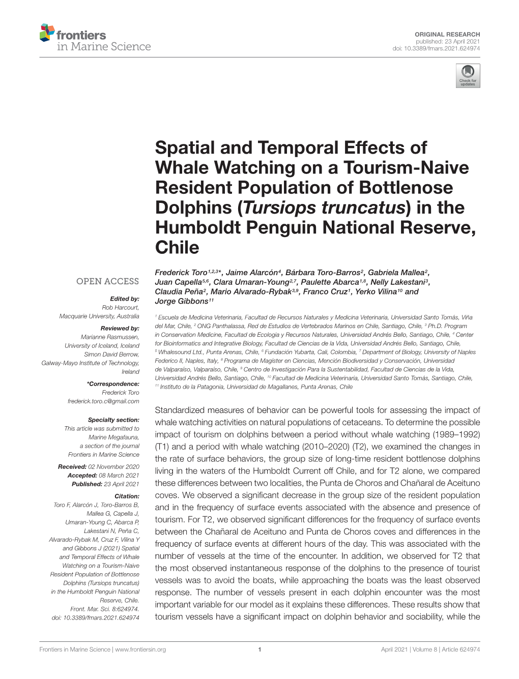 Tursiops Truncatus) in the Humboldt Penguin National Reserve, Chile