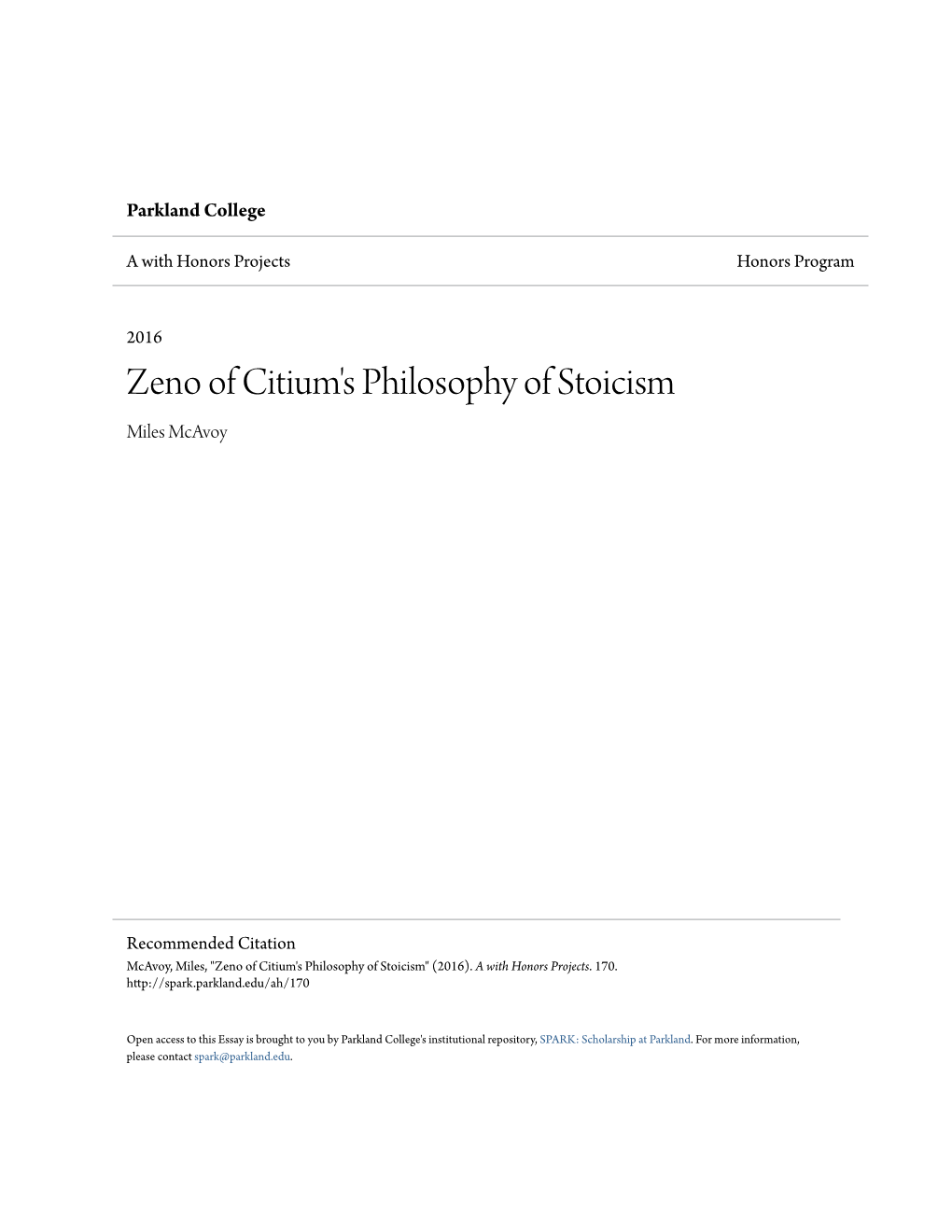 Zeno of Citium's Philosophy of Stoicism Miles Mcavoy