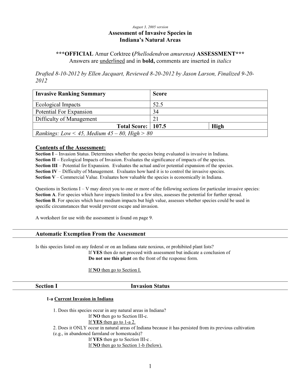 Phellodendron Amurense) ASSESSMENT*** Answers Are Underlined and in Bold, Comments Are Inserted in Italics