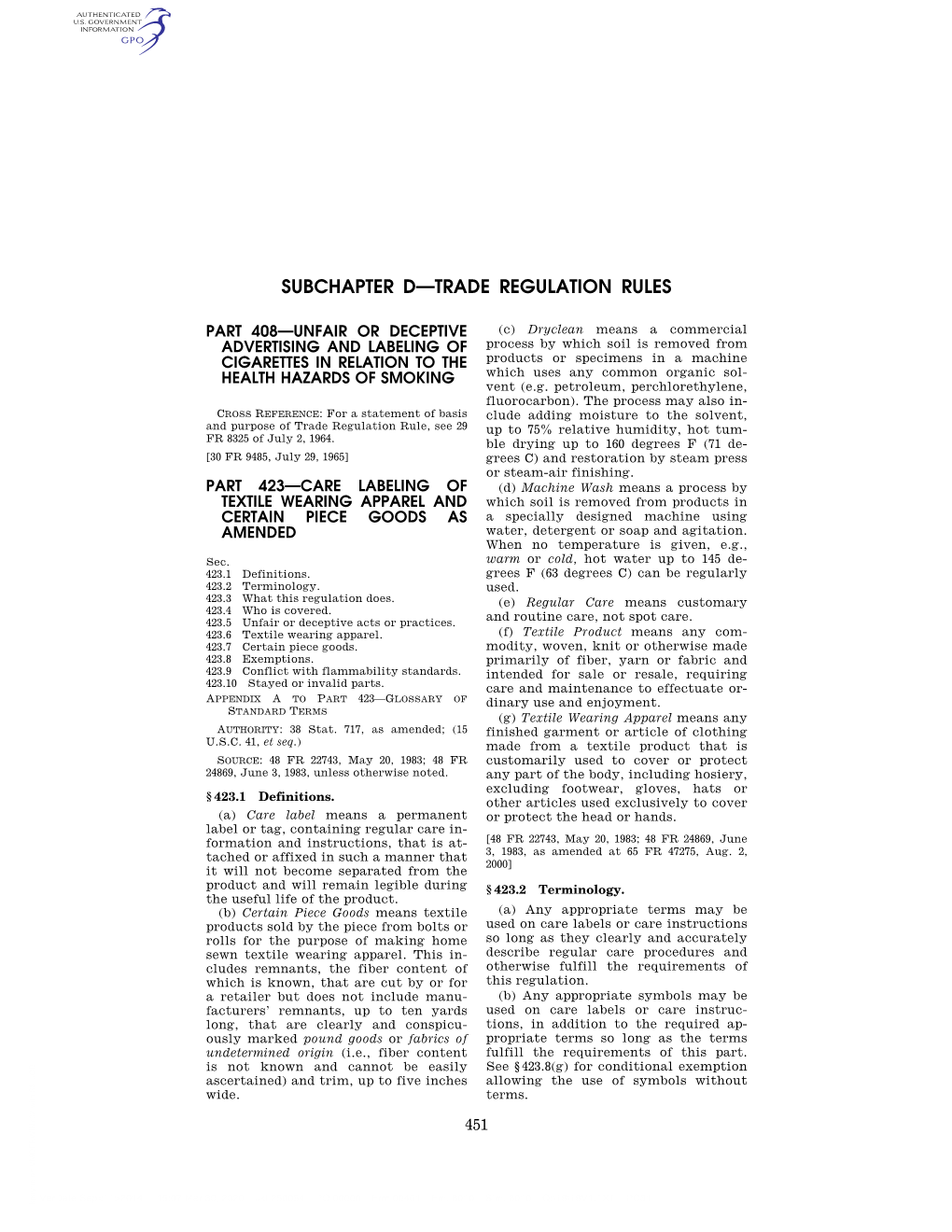 Subchapter D—Trade Regulation Rules