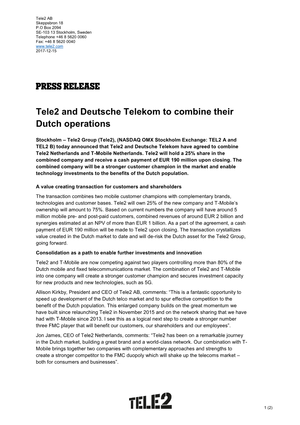 Tele2 and Deutsche Telekom to Combine Their Dutch Operations