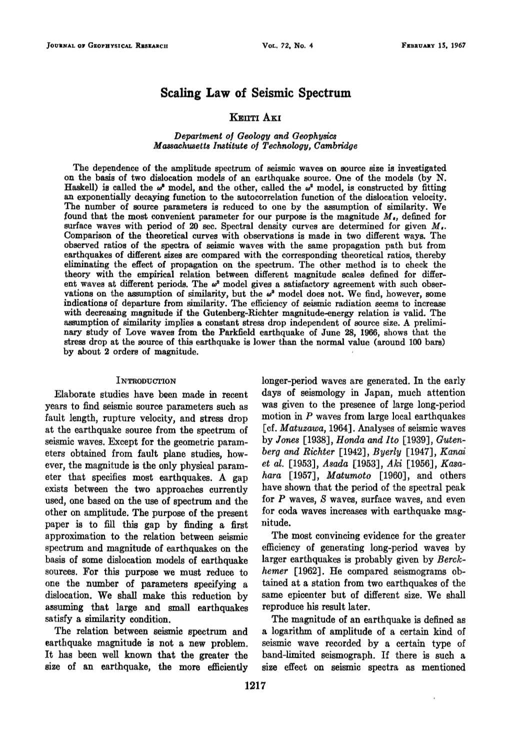 Scaling Law of Seismic Spectrum