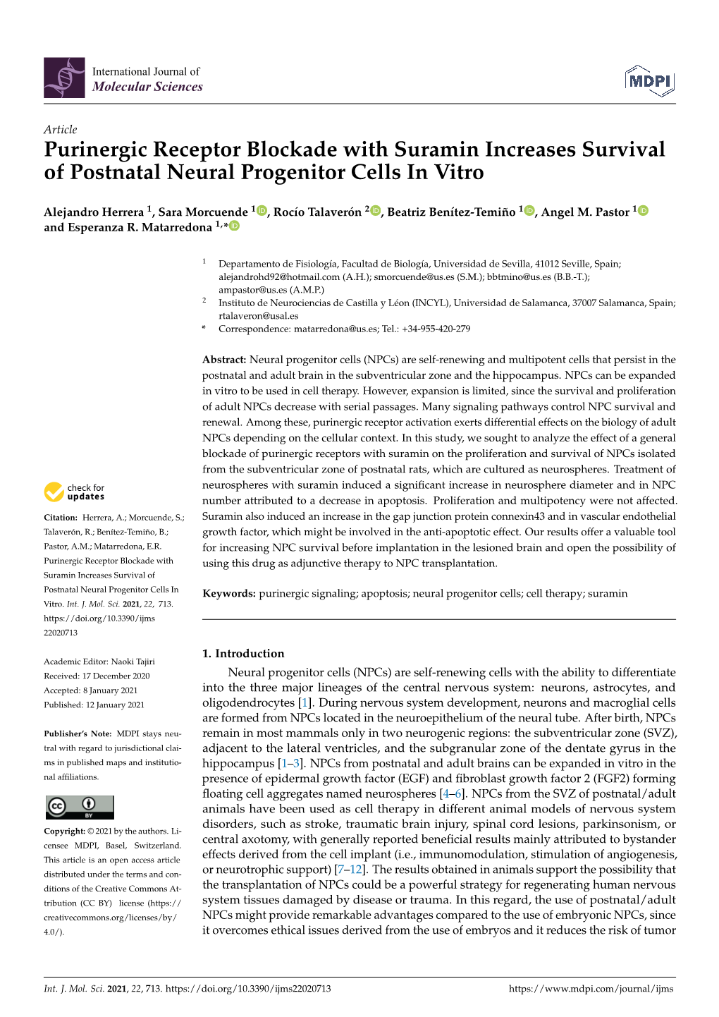 Purinergic Receptor Blockade with Suramin Increases Survival of Postnatal Neural Progenitor Cells in Vitro