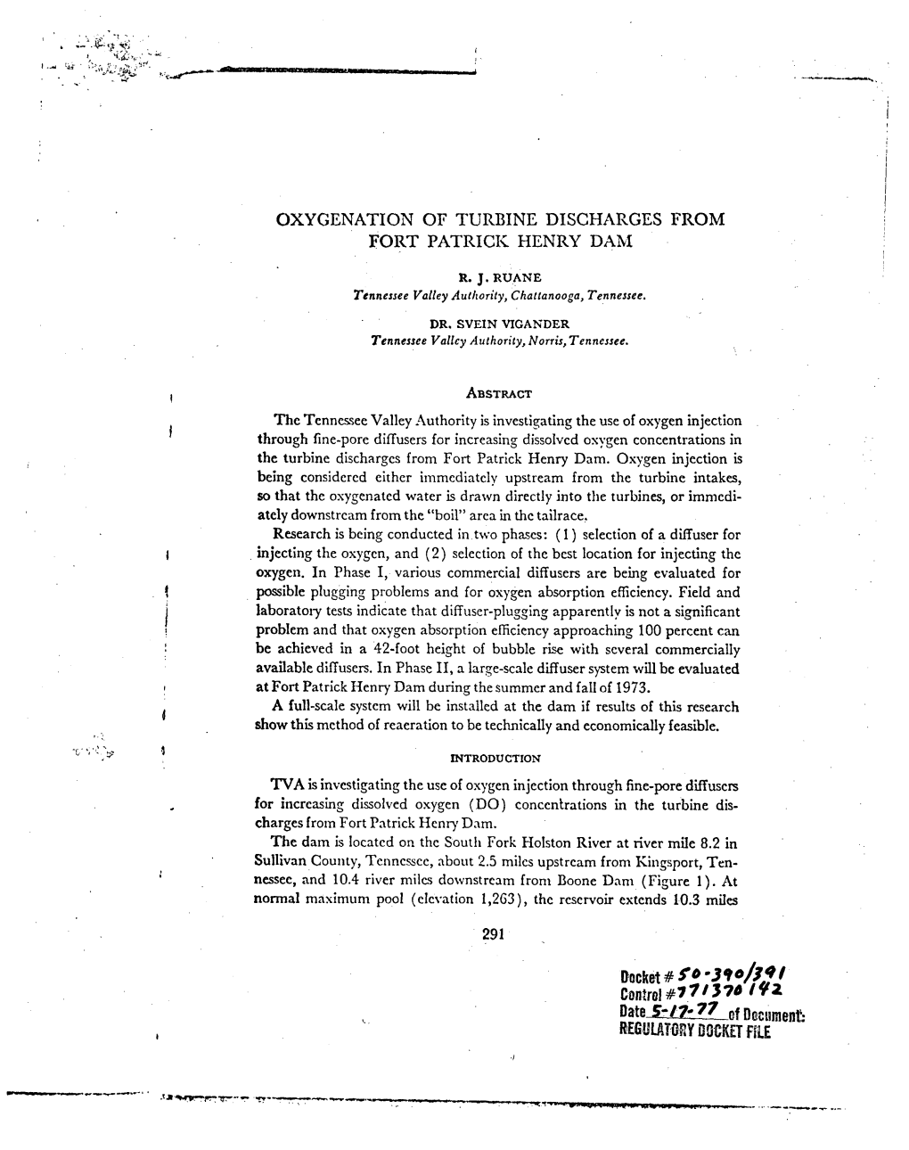 Oxygenation of Turbine Discharges from Fort Patrick Henry Dam