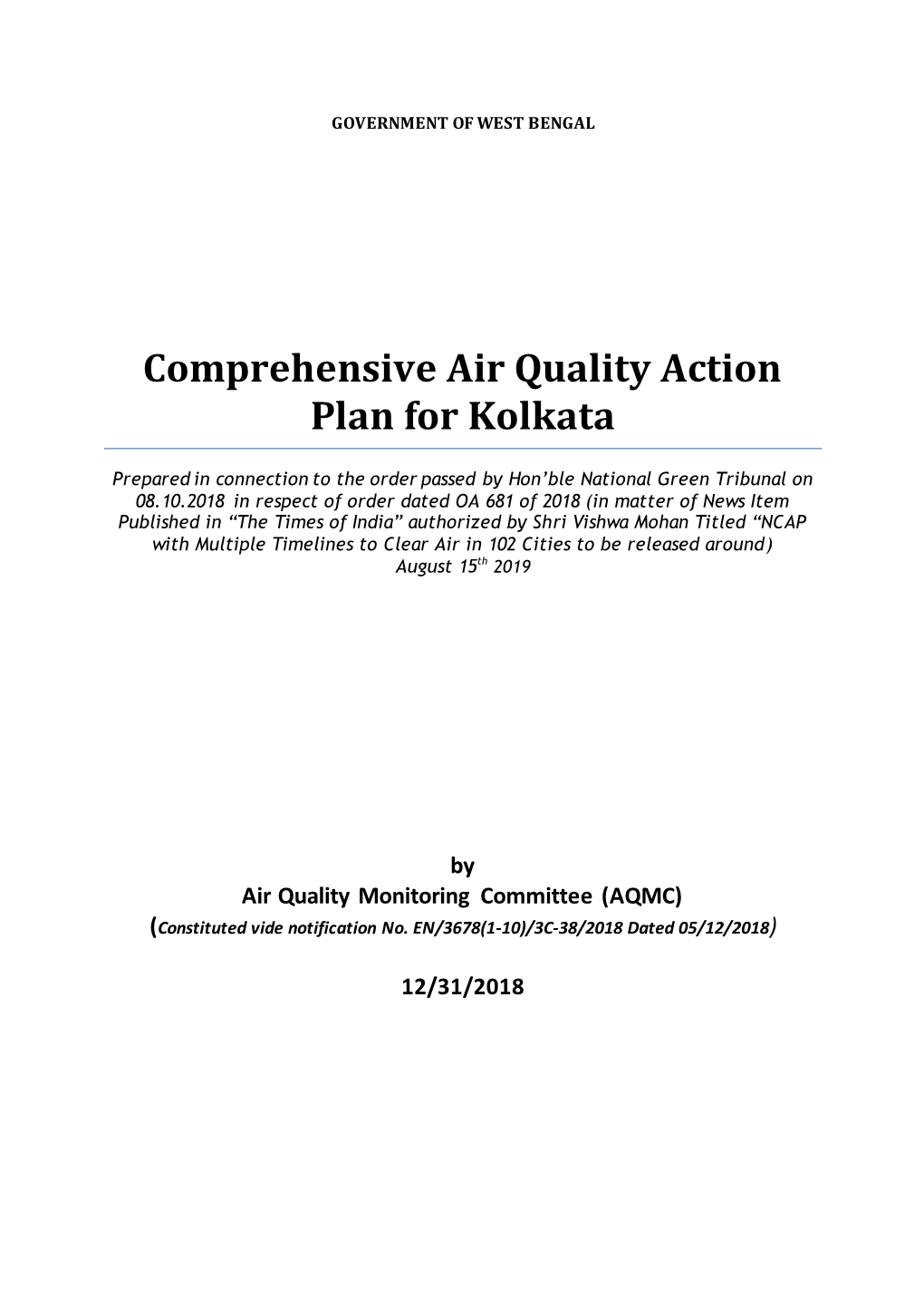 Comprehensive Air Quality Action Plan for Kolkata