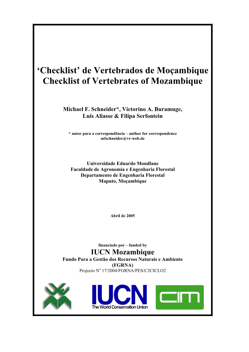 De Vertebrados De Moçambique Checklist of Vertebrates of Mozambique