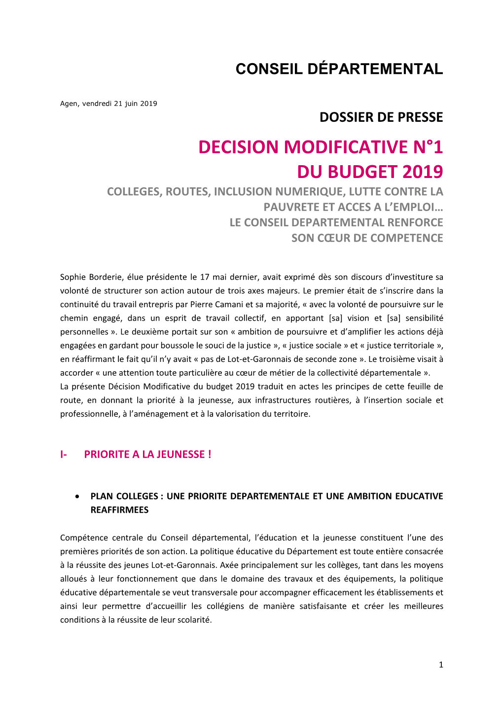 Decision Modificative N°1 Du Budget 2019