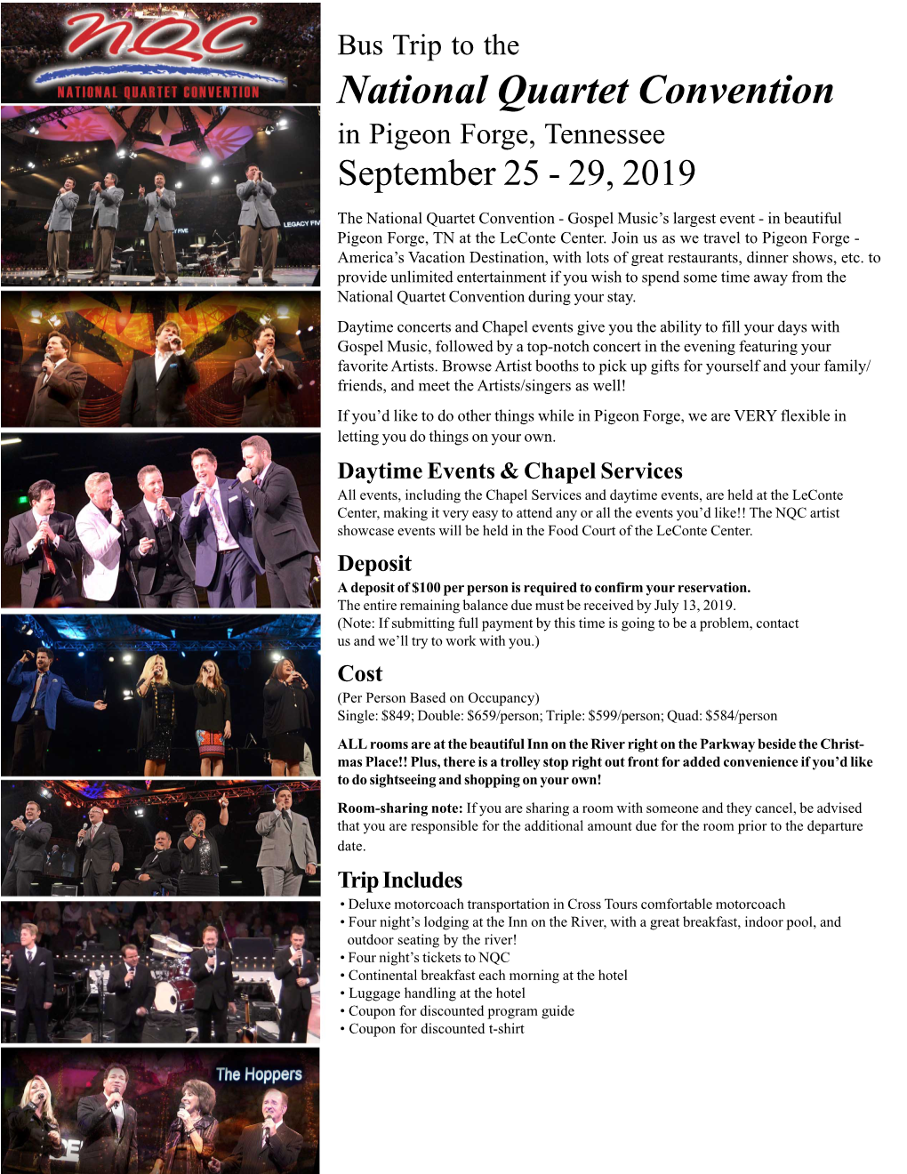 National Quartet Convention in Pigeon Forge, Tennessee September 25 - 29, 2019