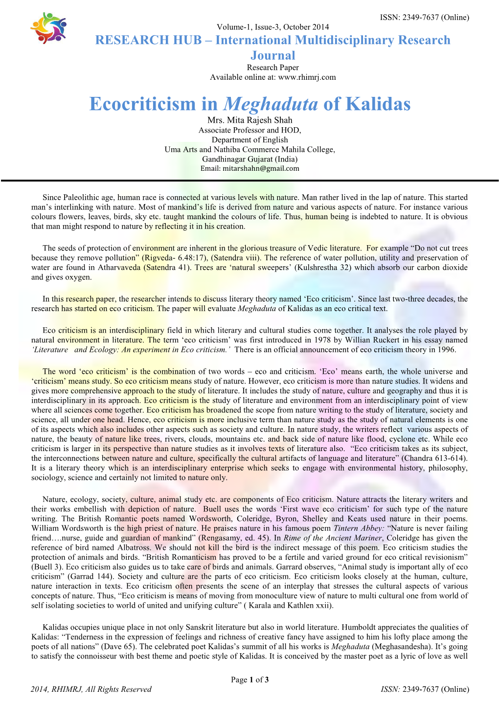 Ecocriticism in Meghaduta of Kalidas Mrs