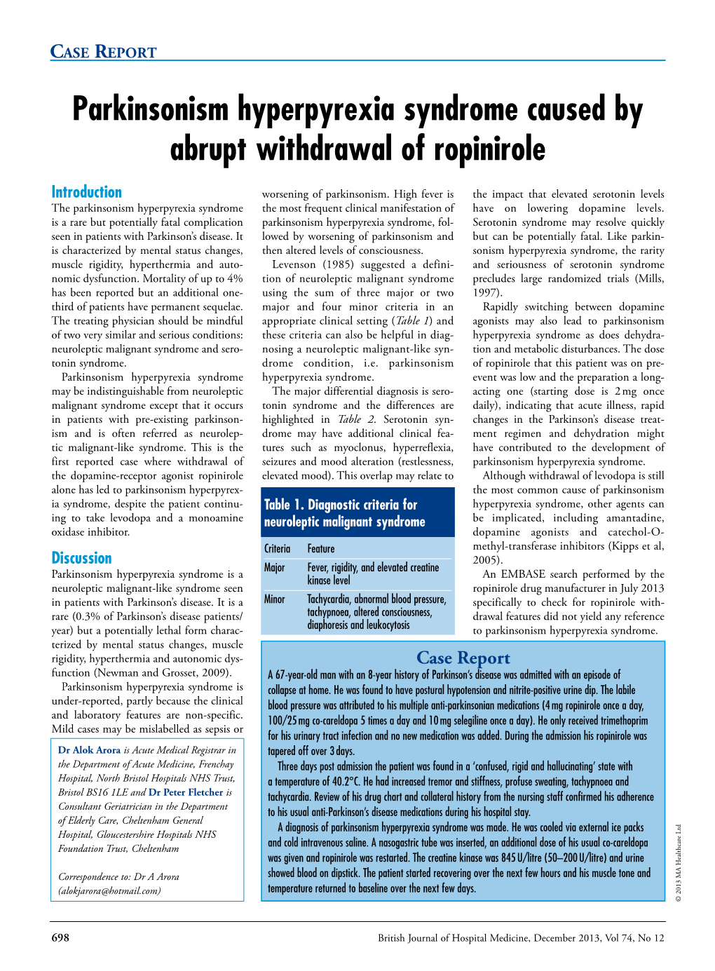 Parkinsonism Hyperpyrexia Syndrome Caused by Abrupt Withdrawal of Ropinirole