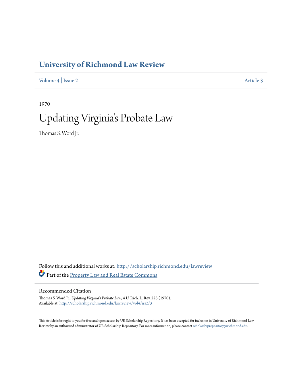 Updating Virginia's Probate Law Thomas S