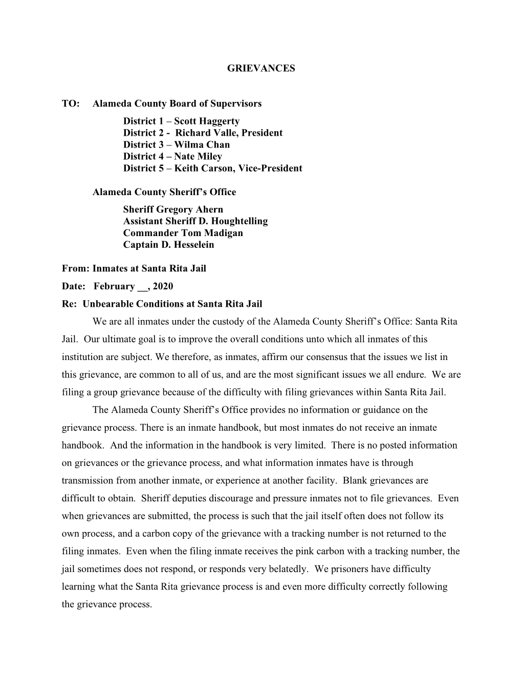 Grievances to Alameda County and Its Sheriff’S Office Page 2