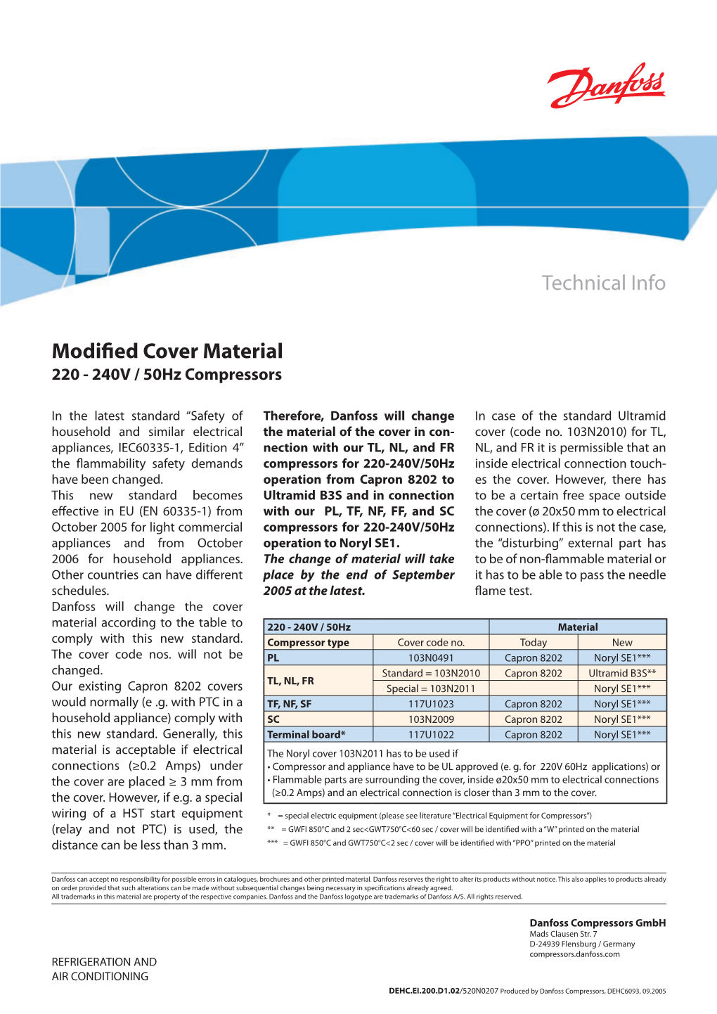 Modified Cover Material 220-240V/50Hz Compressors