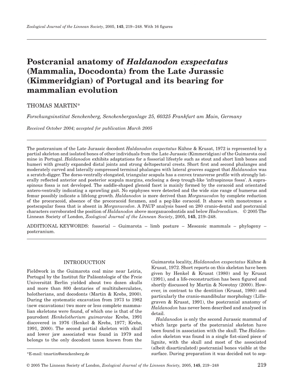 Postcranial Anatomy of Haldanodon Exspectatus (Mammalia, Docodonta) from the Late Jurassic (Kimmeridgian) of Portugal and Its Bearing for Mammalian Evolution