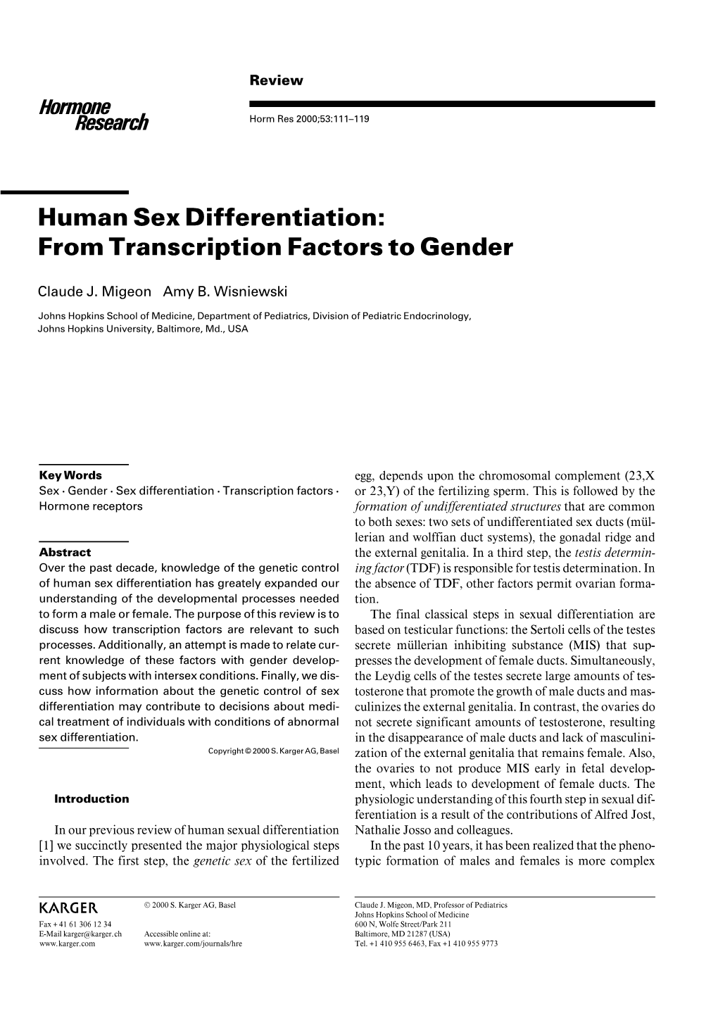 Human Sex Differentiation: from Transcription Factors to Gender