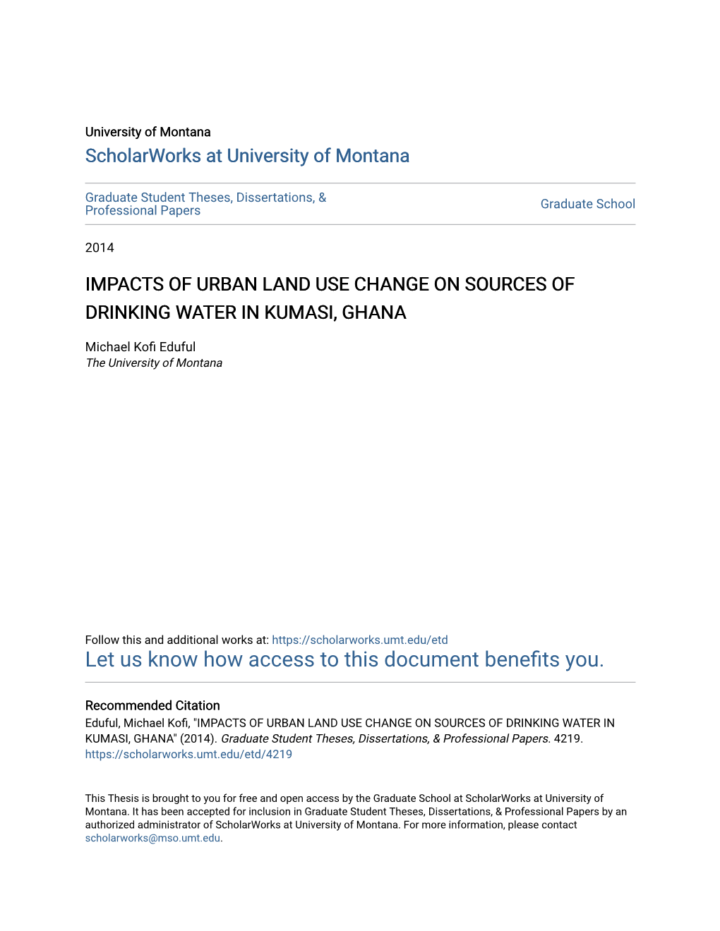 Impacts of Urban Land Use Change on Sources of Drinking Water in Kumasi, Ghana