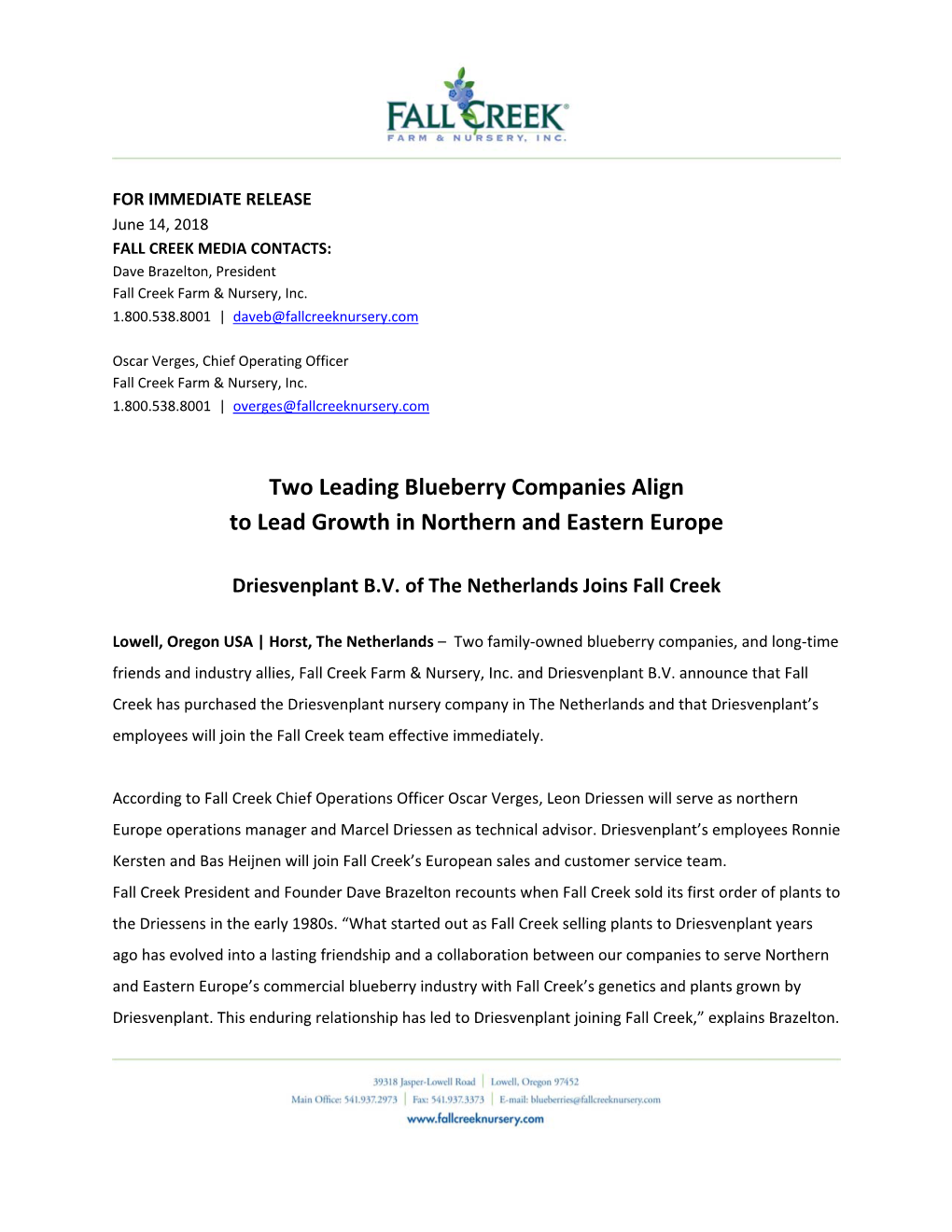 Two Leading Blueberry Companies Align to Lead Growth in Northern and Eastern Europe