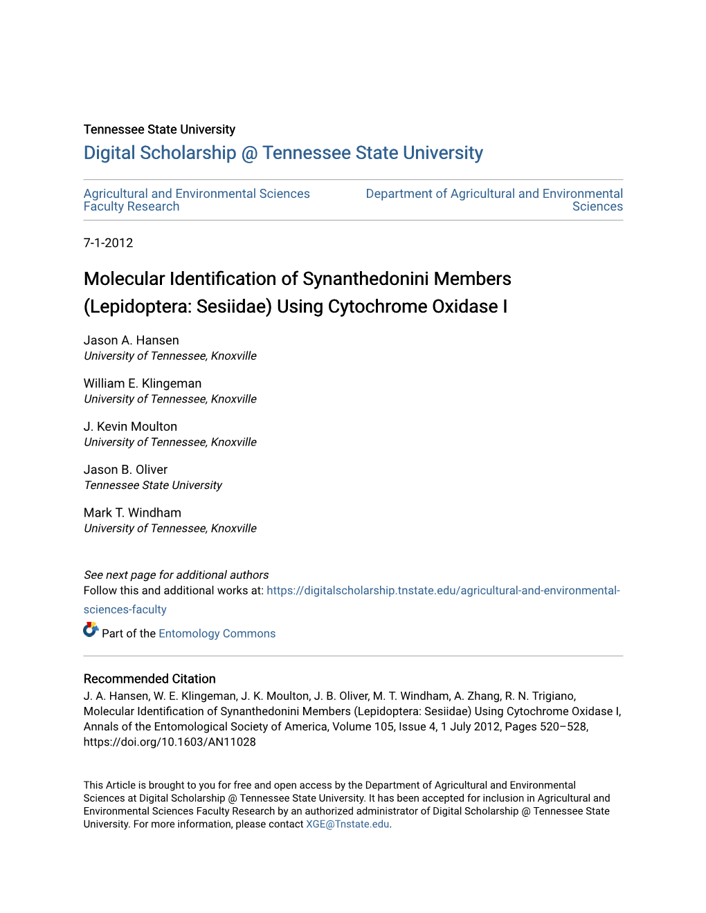 Lepidoptera: Sesiidae) Using Cytochrome Oxidase I