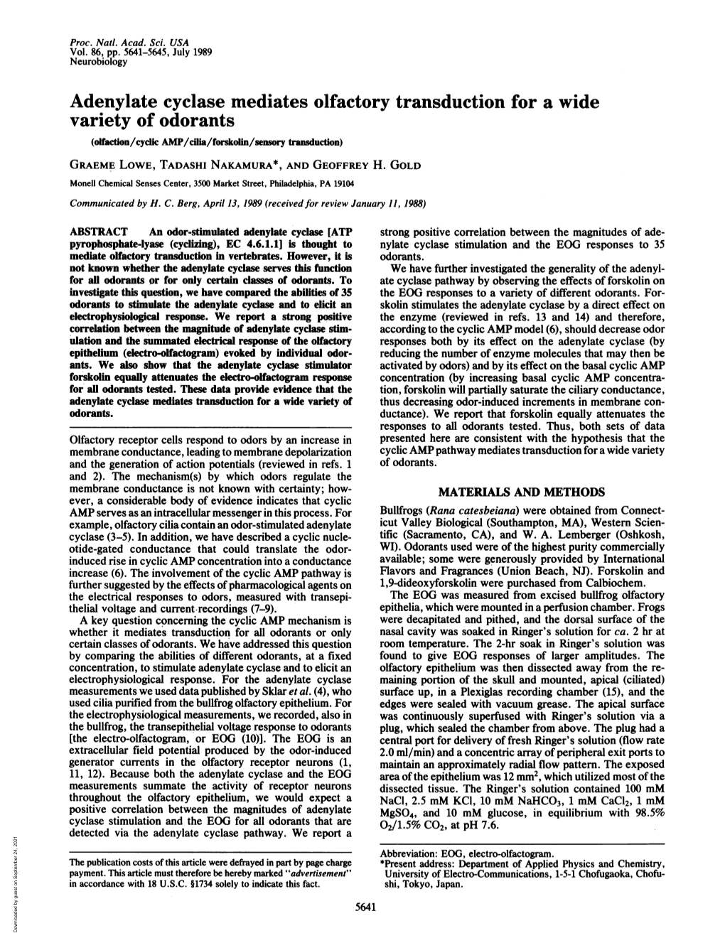 Adenylate Cyclase Mediates Olfactory Transduction for a Wide Variety of Odorants