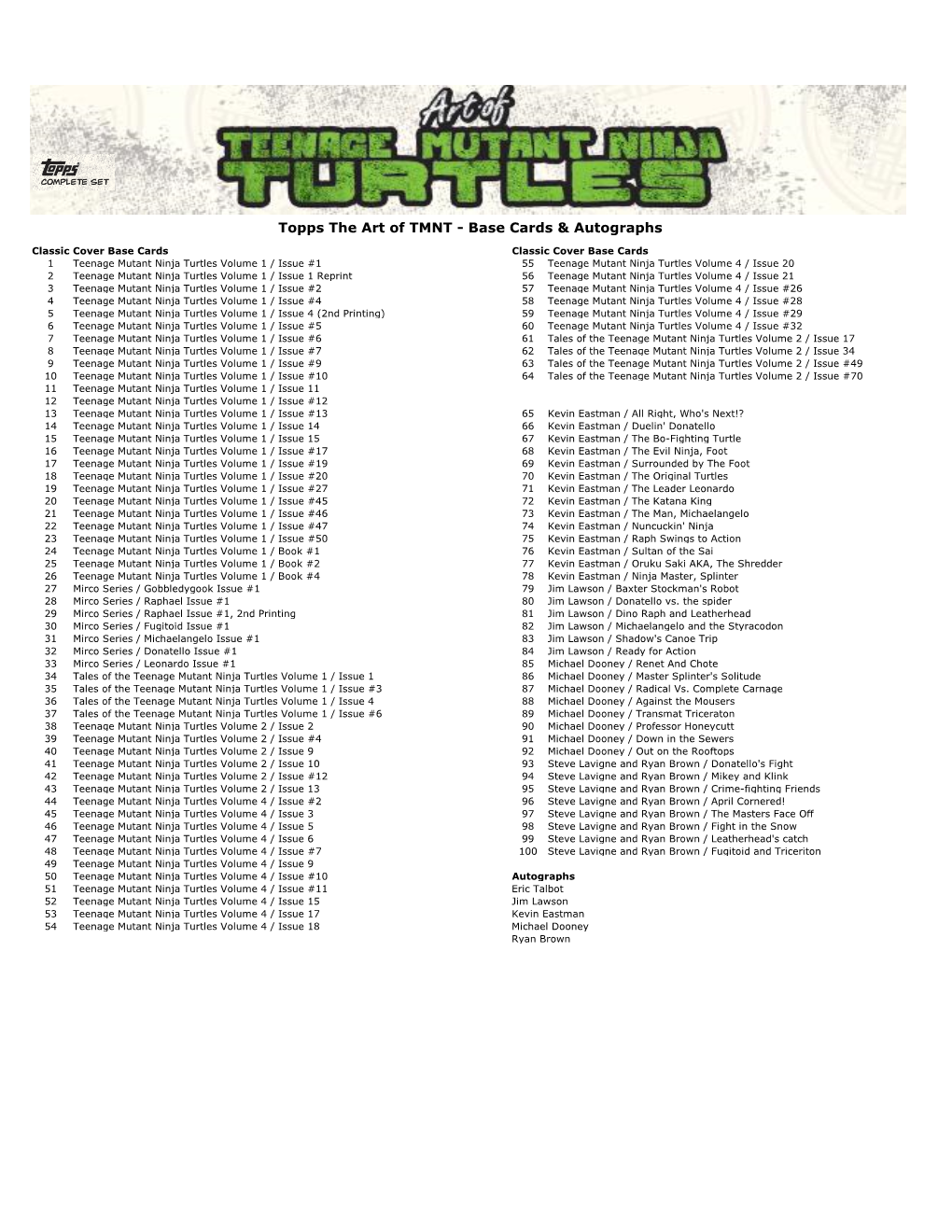 Topps the Art of TMNT - Base Cards & Autographs