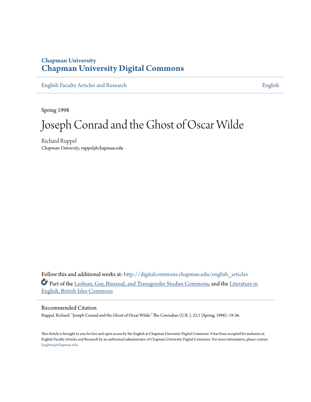 Joseph Conrad and the Ghost of Oscar Wilde Richard Ruppel Chapman University, Ruppel@Chapman.Edu