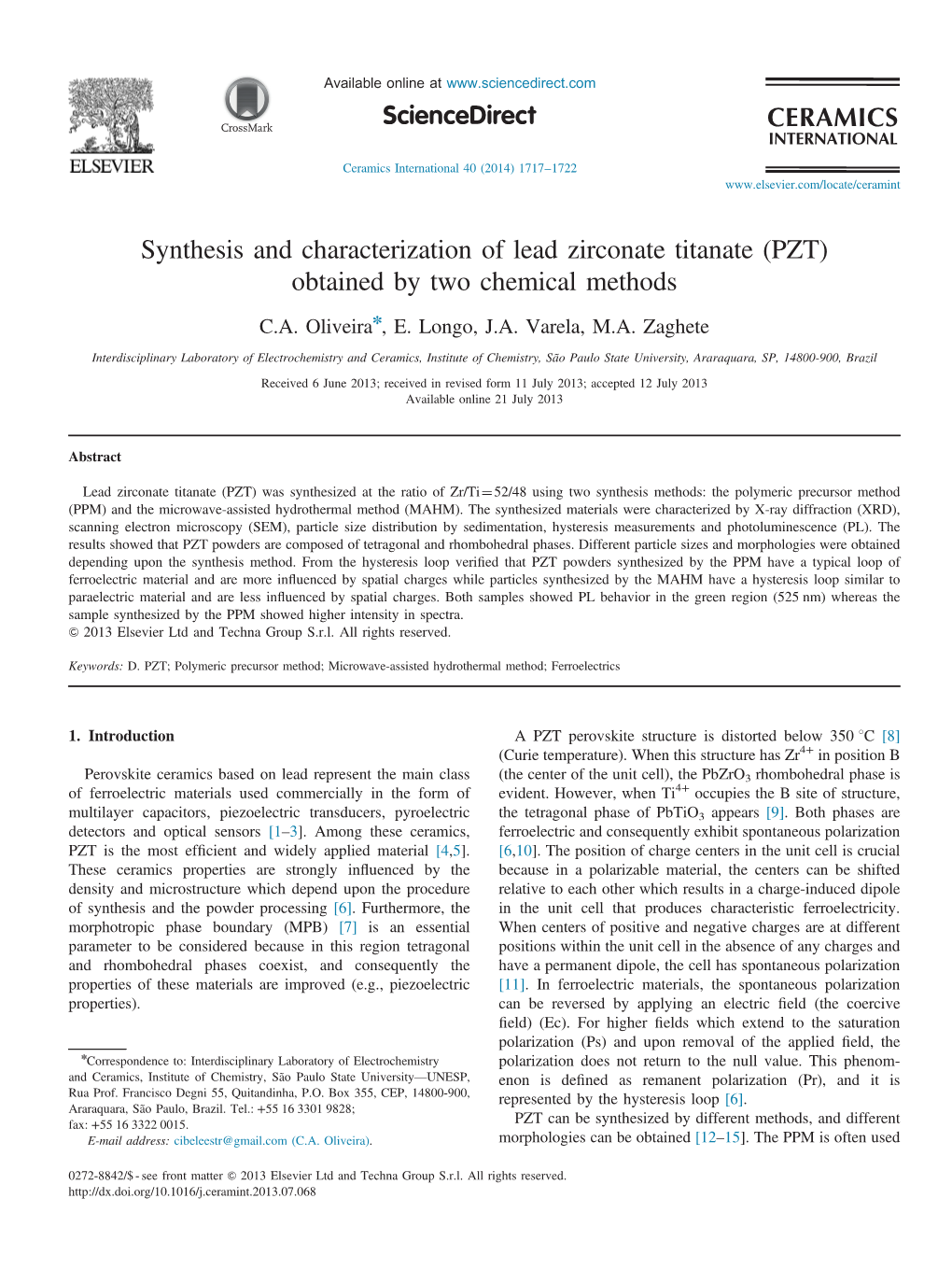 Synthesis and Characterization of Lead Zirconate Titanate (PZT) Obtained by Two Chemical Methods