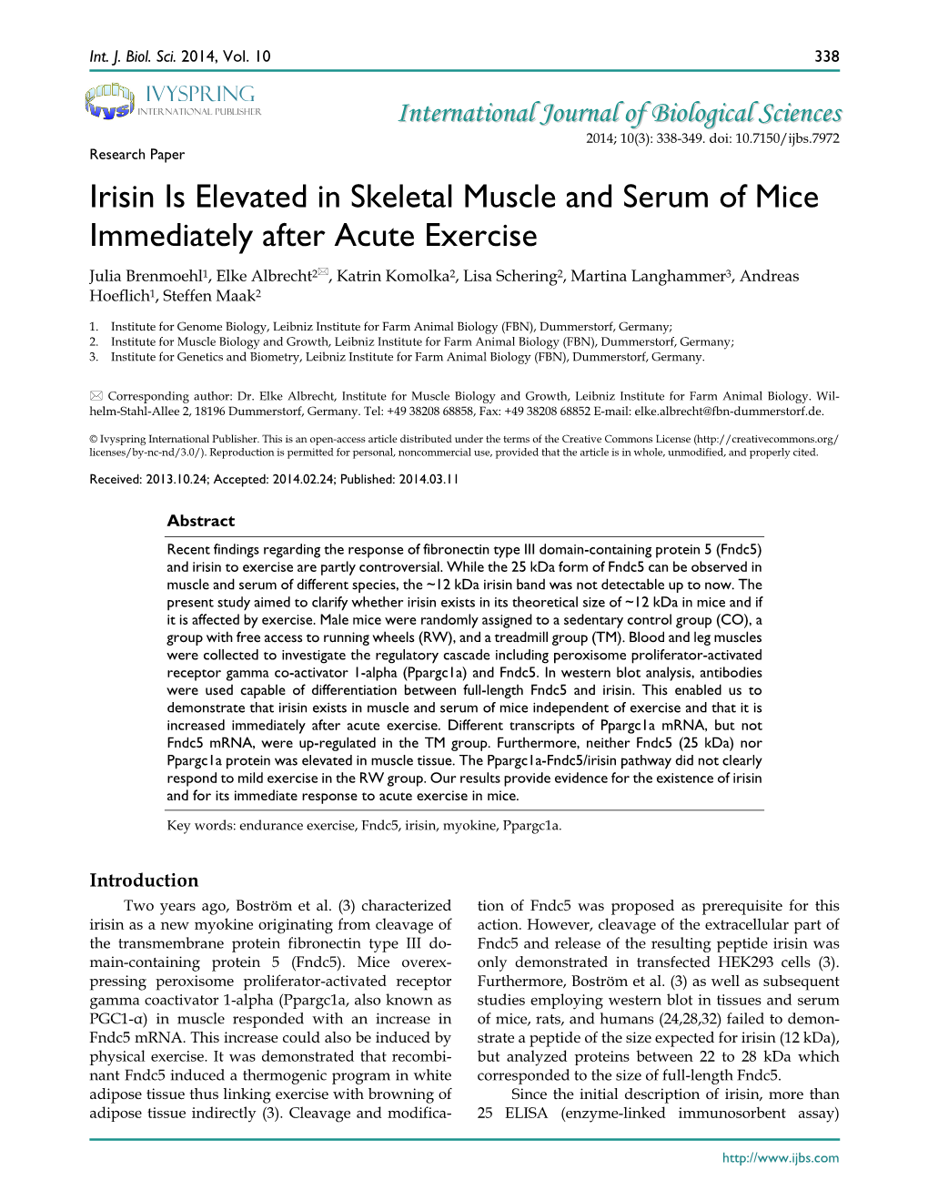 Irisin Is Elevated in Skeletal Muscle and Serum of Mice Immediately