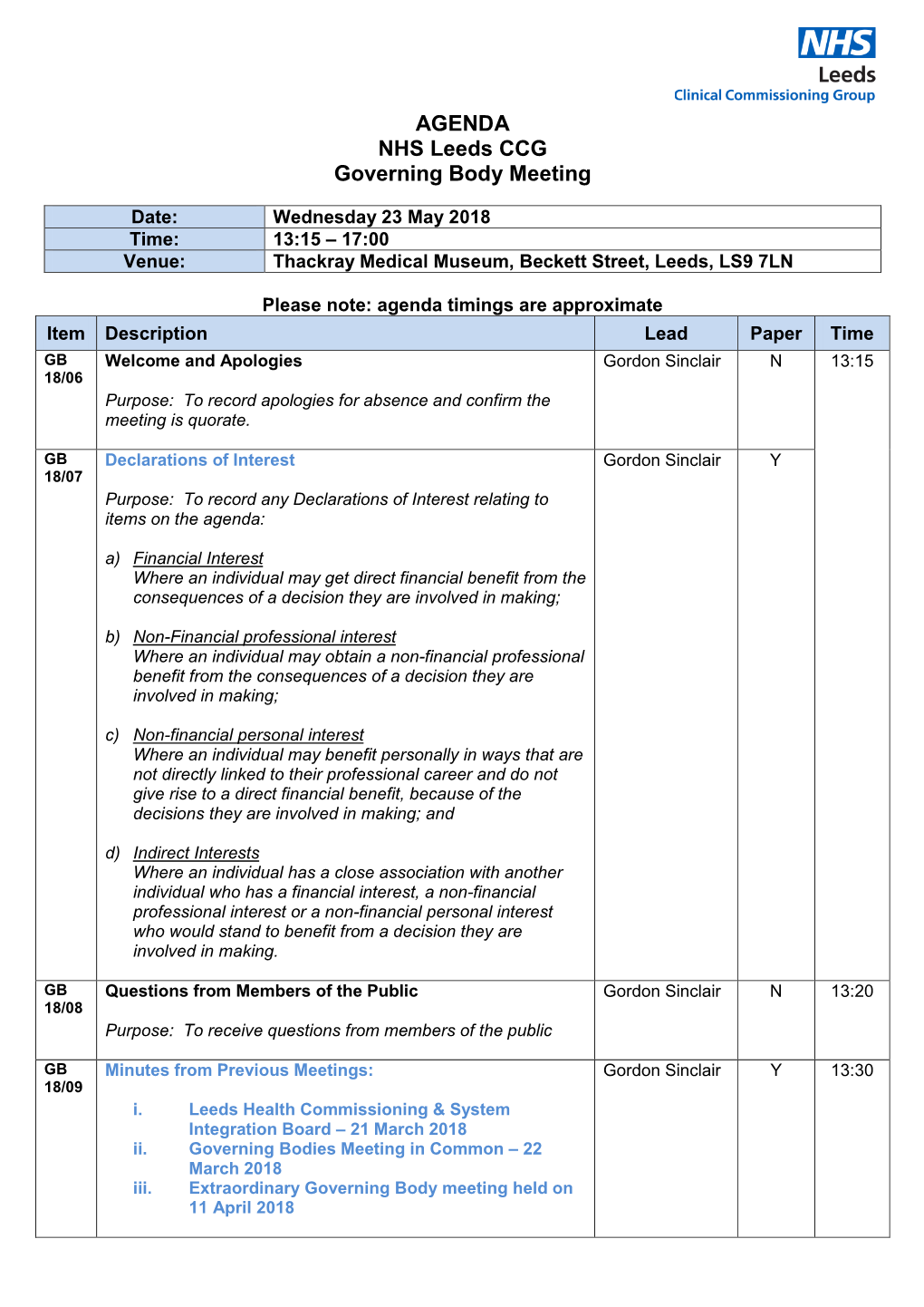 AGENDA NHS Leeds CCG Governing Body Meeting