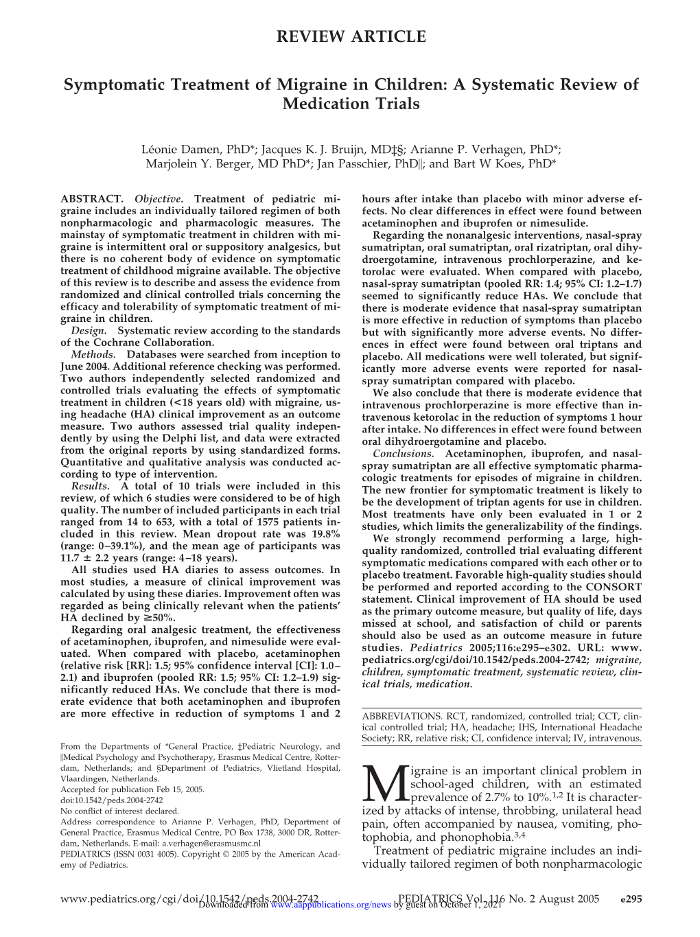 REVIEW ARTICLE Symptomatic Treatment of Migraine in Children