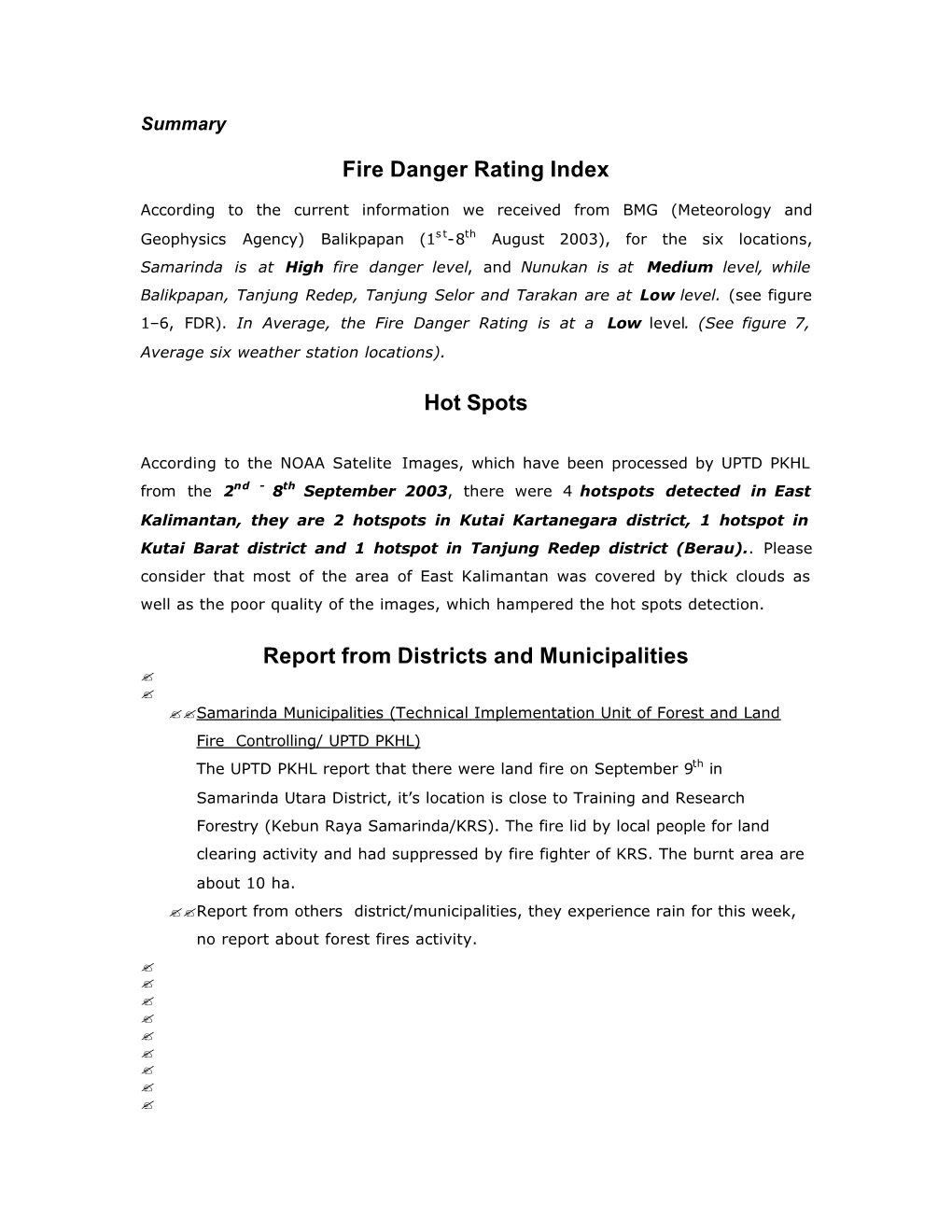 Fire Danger Rating Index Hot Spots Report from Districts And