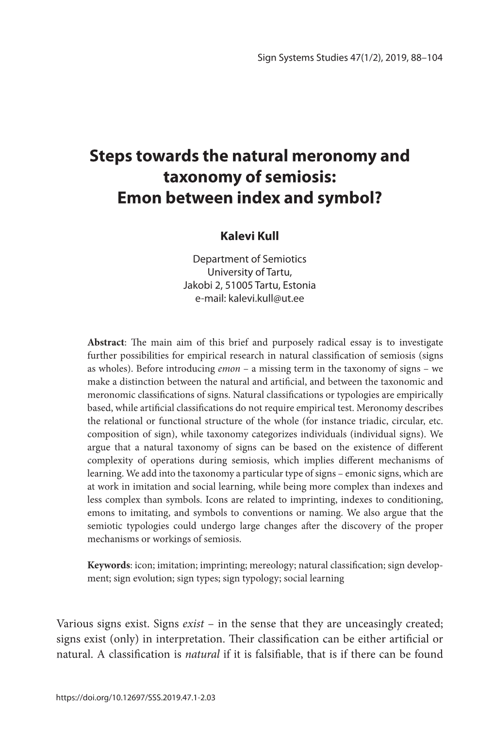 Steps Towards the Natural Meronomy and Taxonomy of Semiosis: Emon Between Index and Symbol?