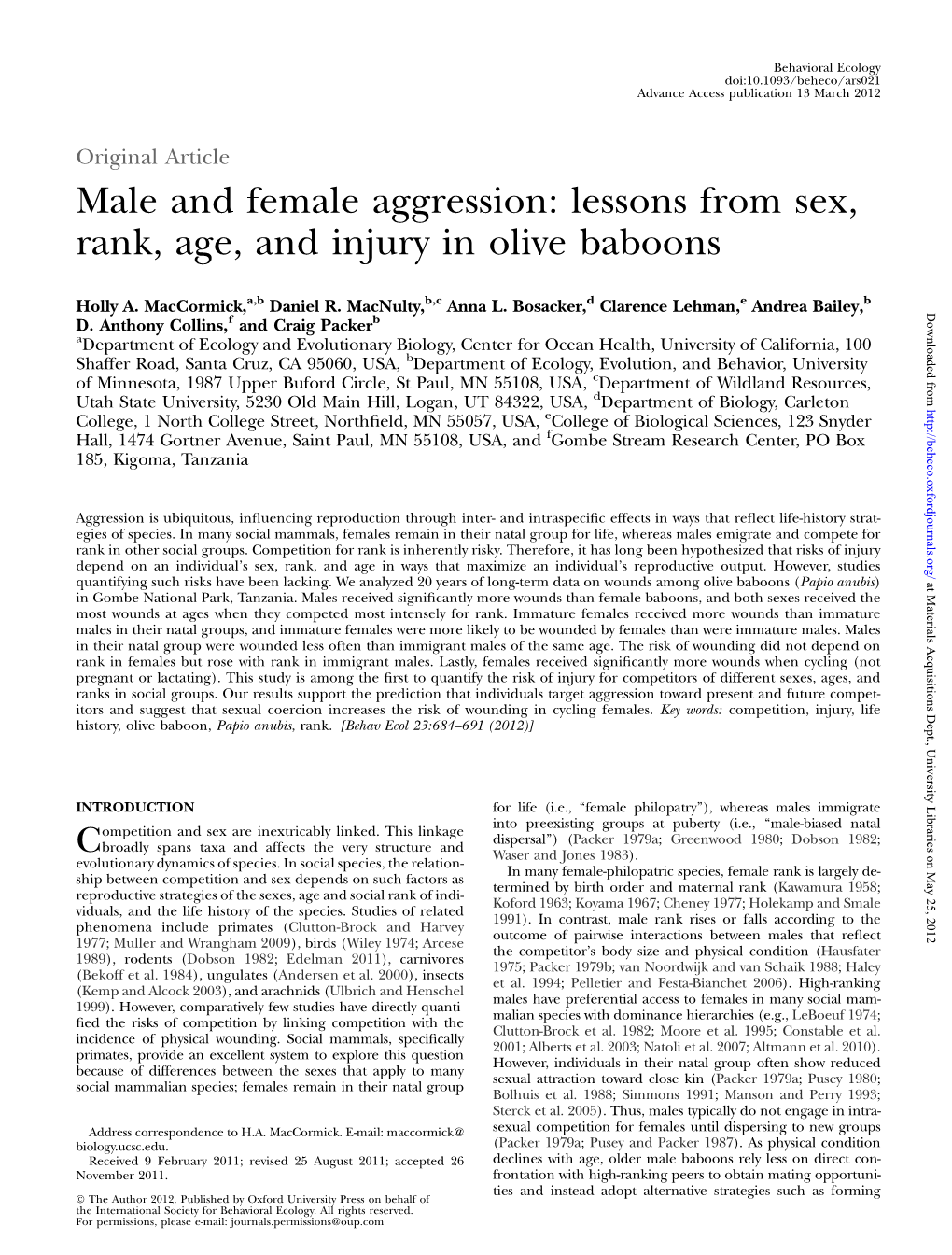 Male and Female Aggression: Lessons from Sex, Rank, Age, and Injury in Olive Baboons