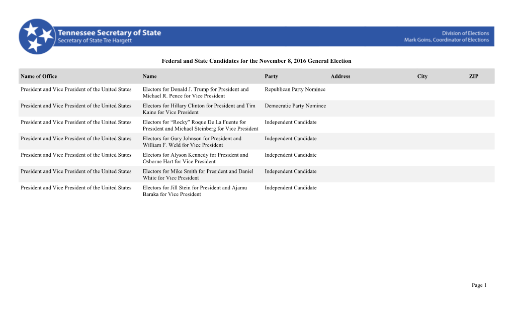 Federal and State Candidates for the November 8, 2016 General Election