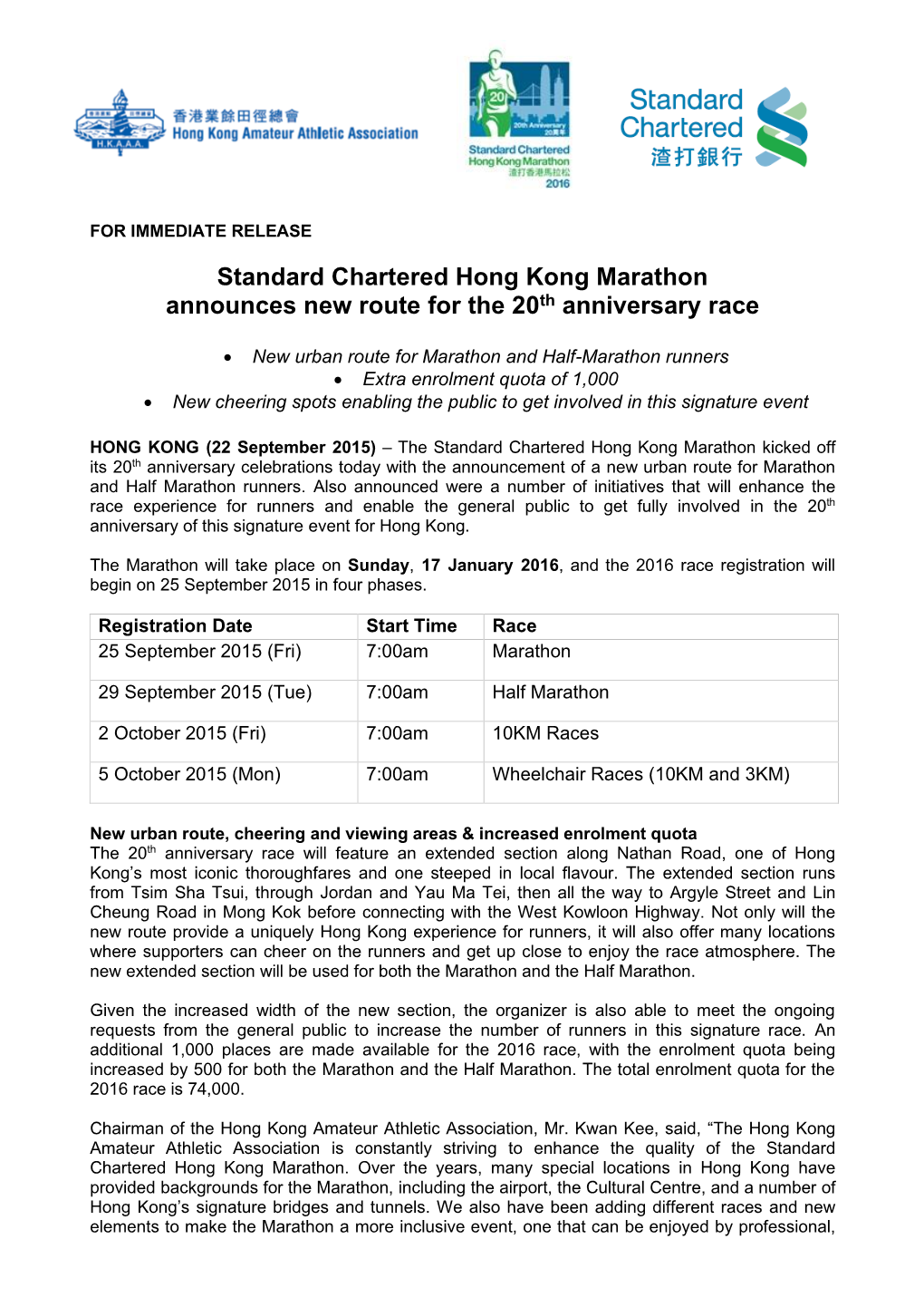 Standard Chartered Hong Kong Marathon Announces New Route for the 20Th Anniversary Race