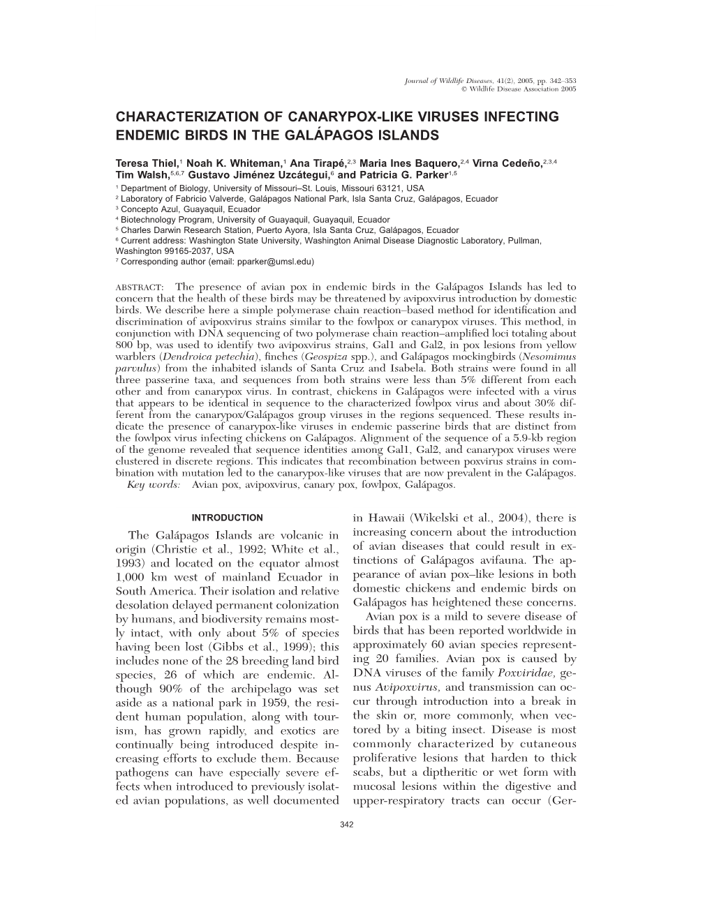 Characterization of Canarypox-Like Viruses Infecting Endemic Birds in the Galaâ Pagos Islands