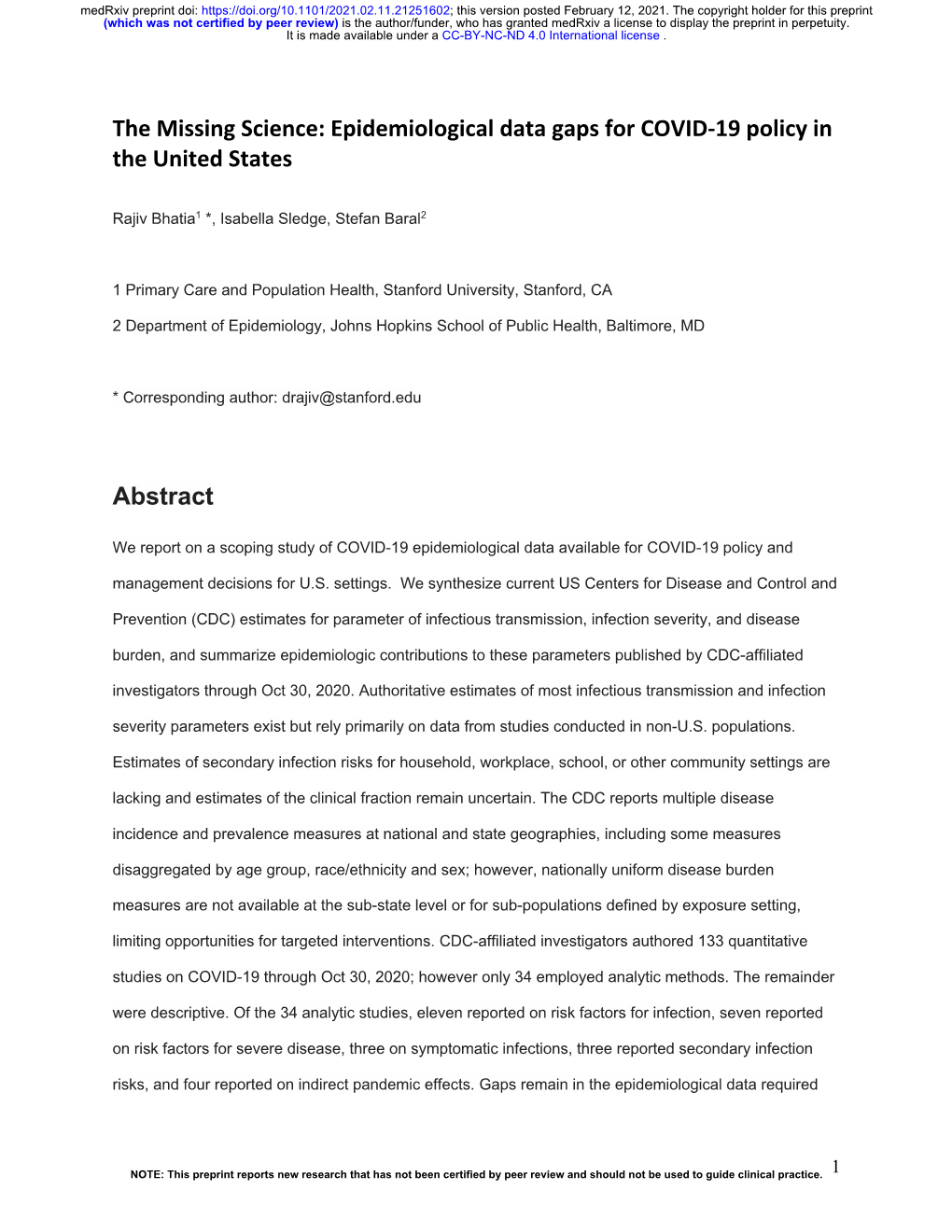 Epidemiological Data Gaps for COVID-19 Policy in the United States