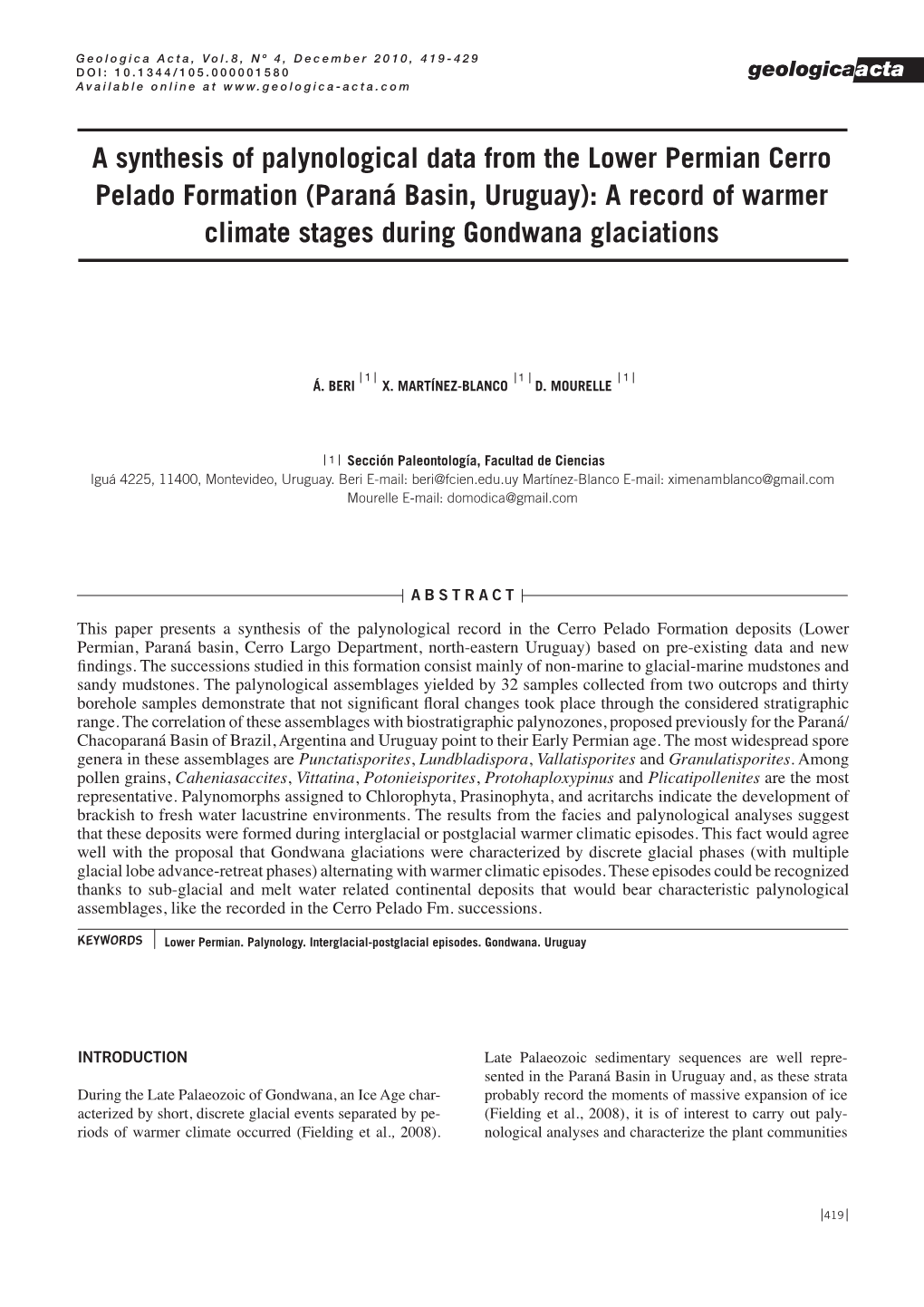 A Synthesis of Palynological Data from the Lower Permian Cerro Pelado Formation (Paraná Basin, Uruguay): a Record of Warmer Climate Stages During Gondwana Glaciations