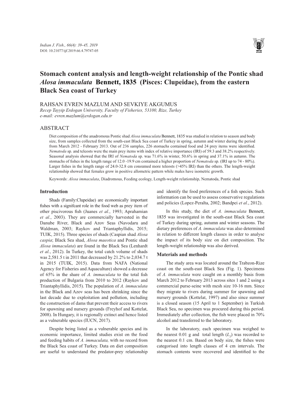 Stomach Content Analysis and Length-Weight Relationship of The